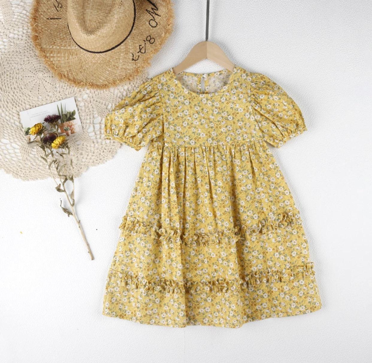 DAHLIA - Girls Summer Short Puff Sleeve Ruffled Floral Dresses - Lele & Co