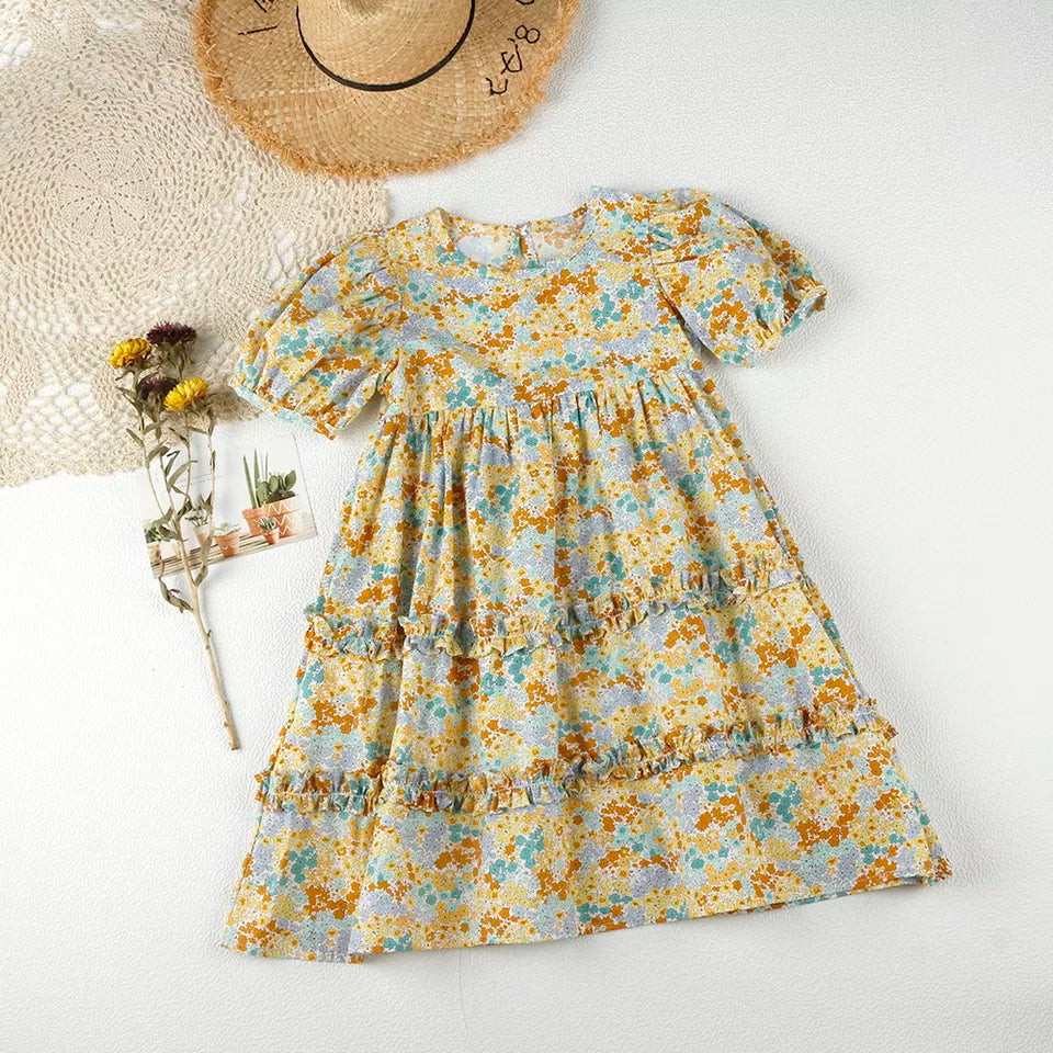 DAHLIA - Girls Summer Short Puff Sleeve Ruffled Floral Dresses - Lele & Co